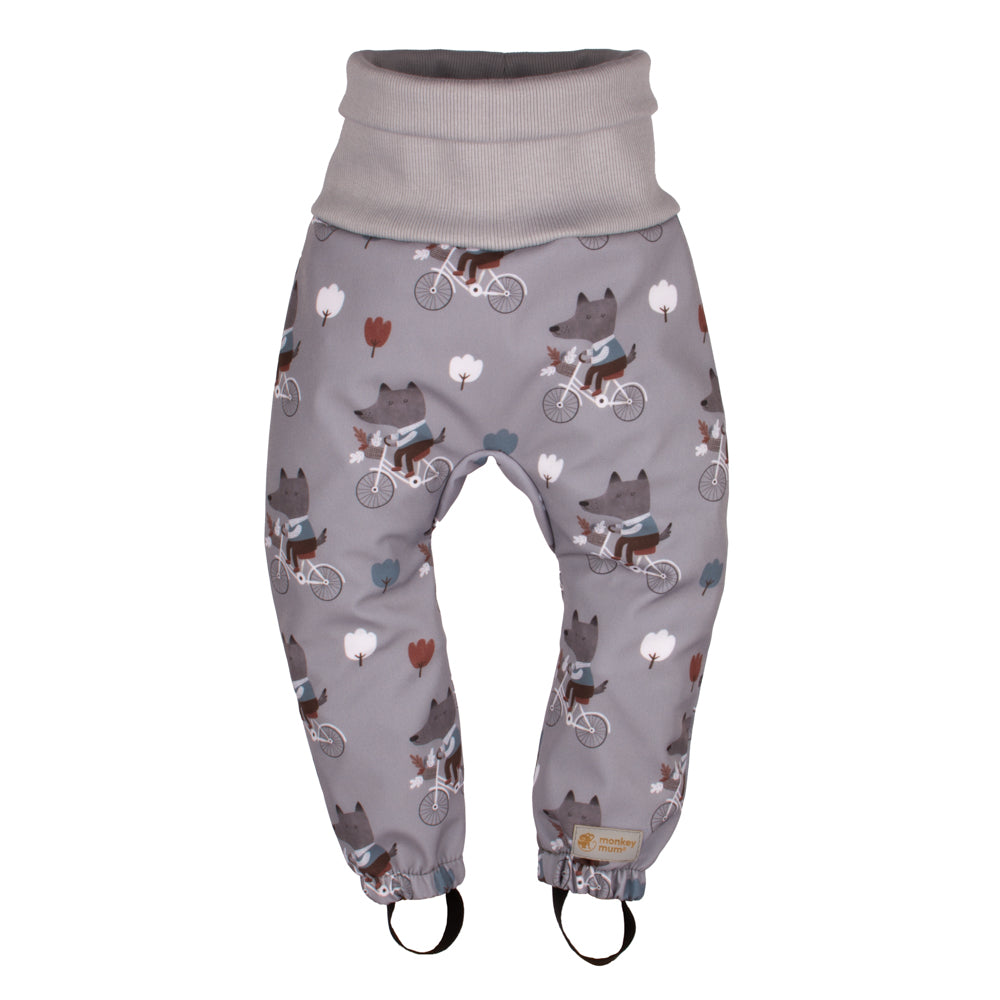Detské rastúce softshellové nohavice s membránou Monkey Mum® - Vlci na bicykli