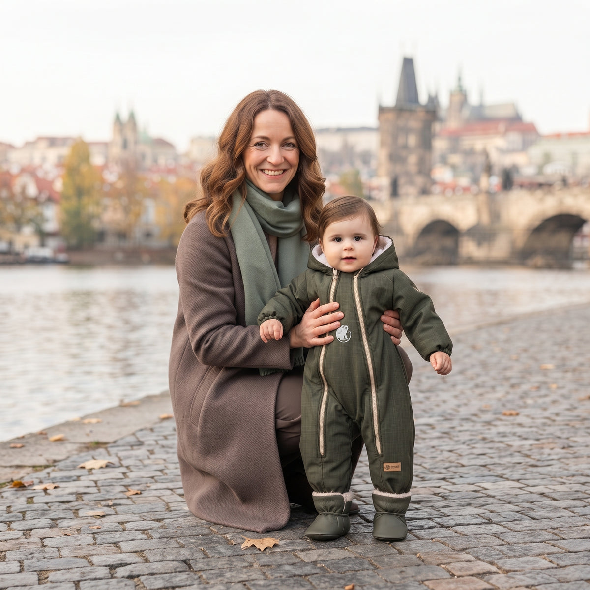 Monkey Mum® Detská zimná softshellová kombinéza s barančekom - Khaki poľovník - vel. 62/68, 74/80