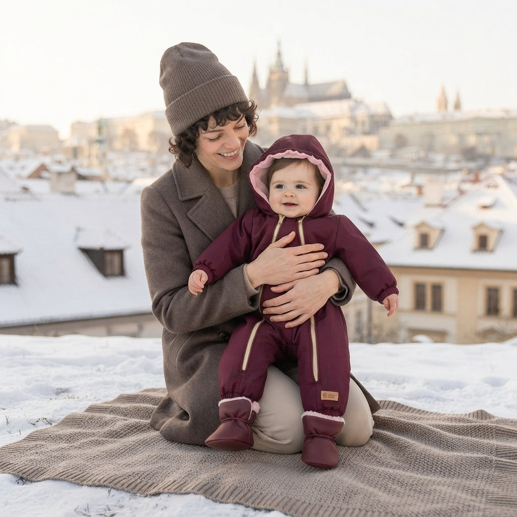 Monkey Mum® Detská zimná softshellová kombinéza s barančekom - Vínová Červená čiapočka - vel. 62/68, 74/80