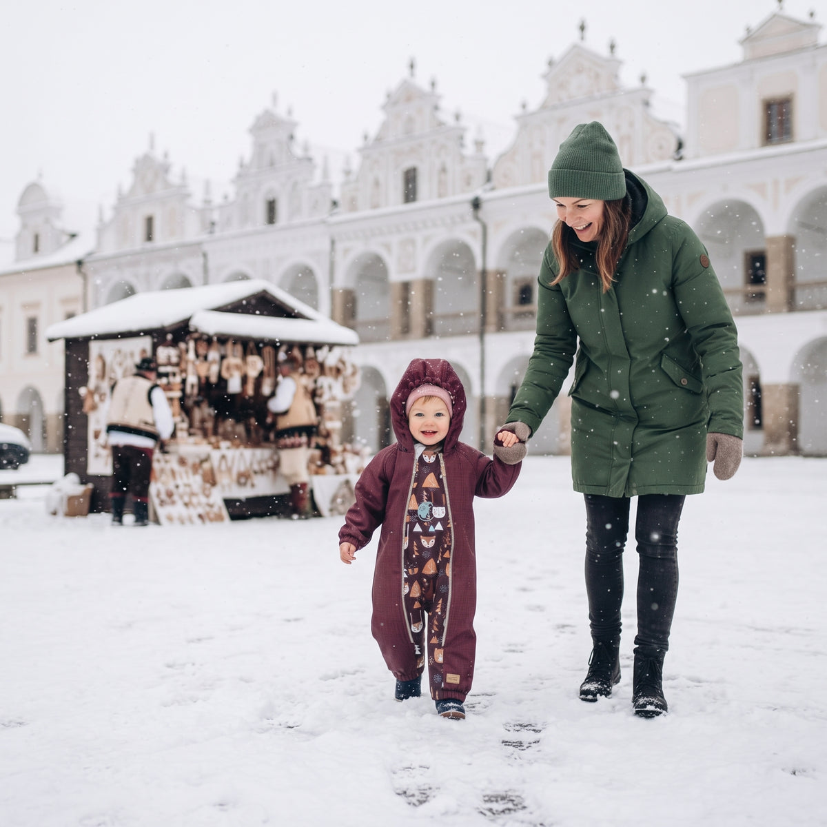 Monkey Mum® Detská zimná softshellová kombinéza s baránkom - Vínová Červená čiapočka v lese - veľ. 62/68, 74/80