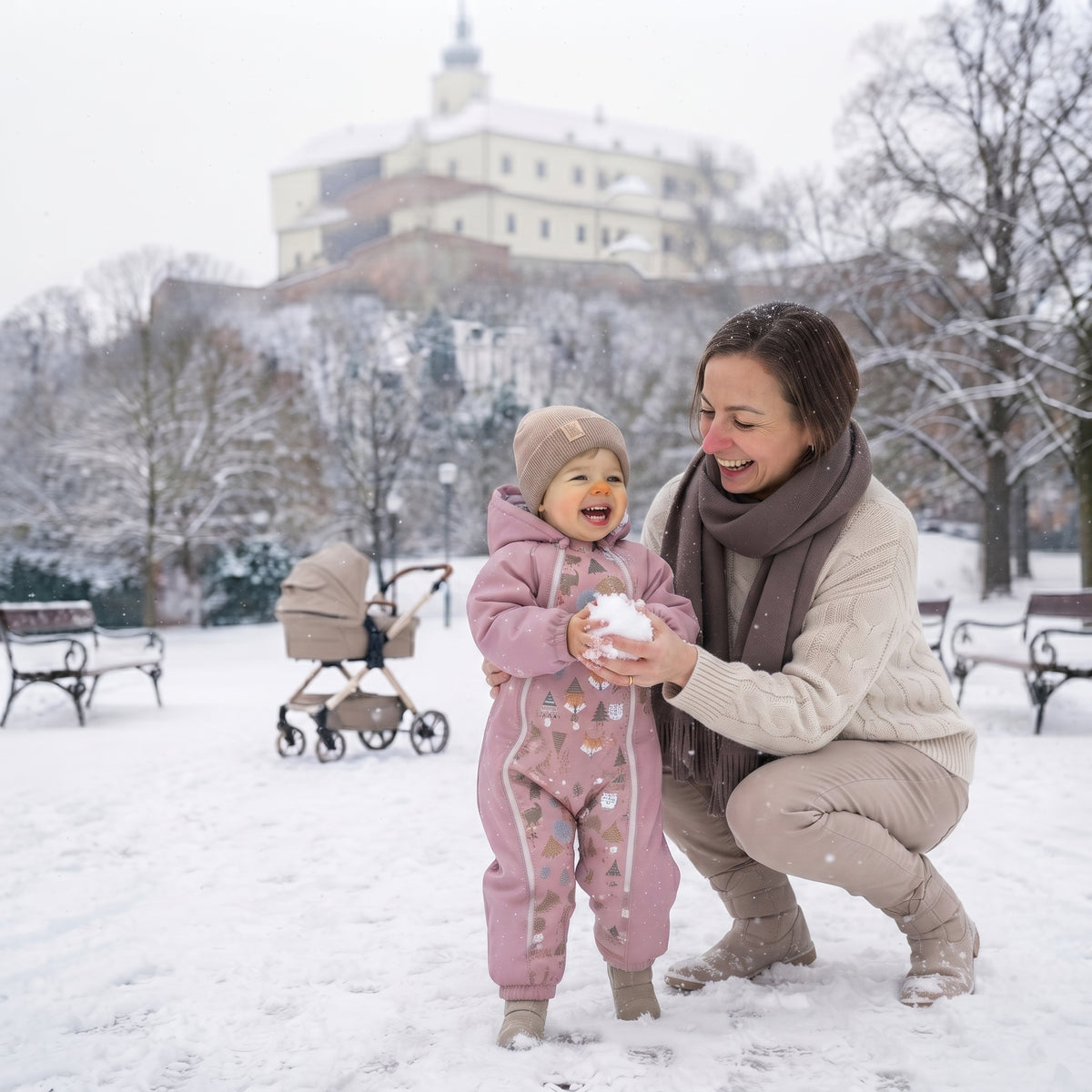 Monkey Mum® Detská zimná softshellová kombinéza s baránkom - Ružová ovečka v lese - veľ. 62/68, 74/80