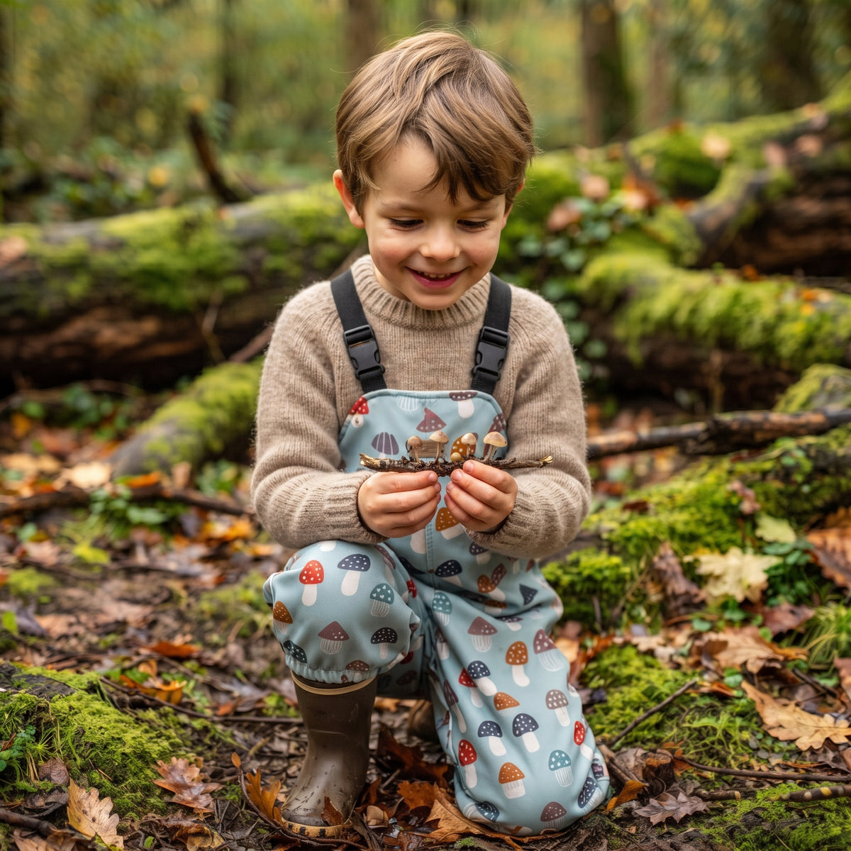 Monkey Mum® Softshellové nohavice s trakmi s membránou - Pestré muchotrávky