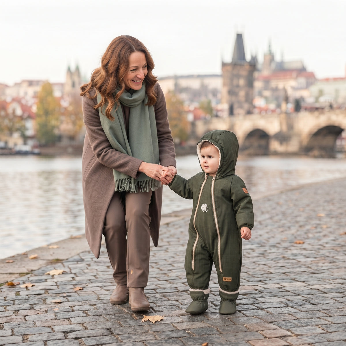 Monkey Mum® Detská zimná softshellová kombinéza s barančekom - Khaki poľovník - vel. 62/68, 74/80
