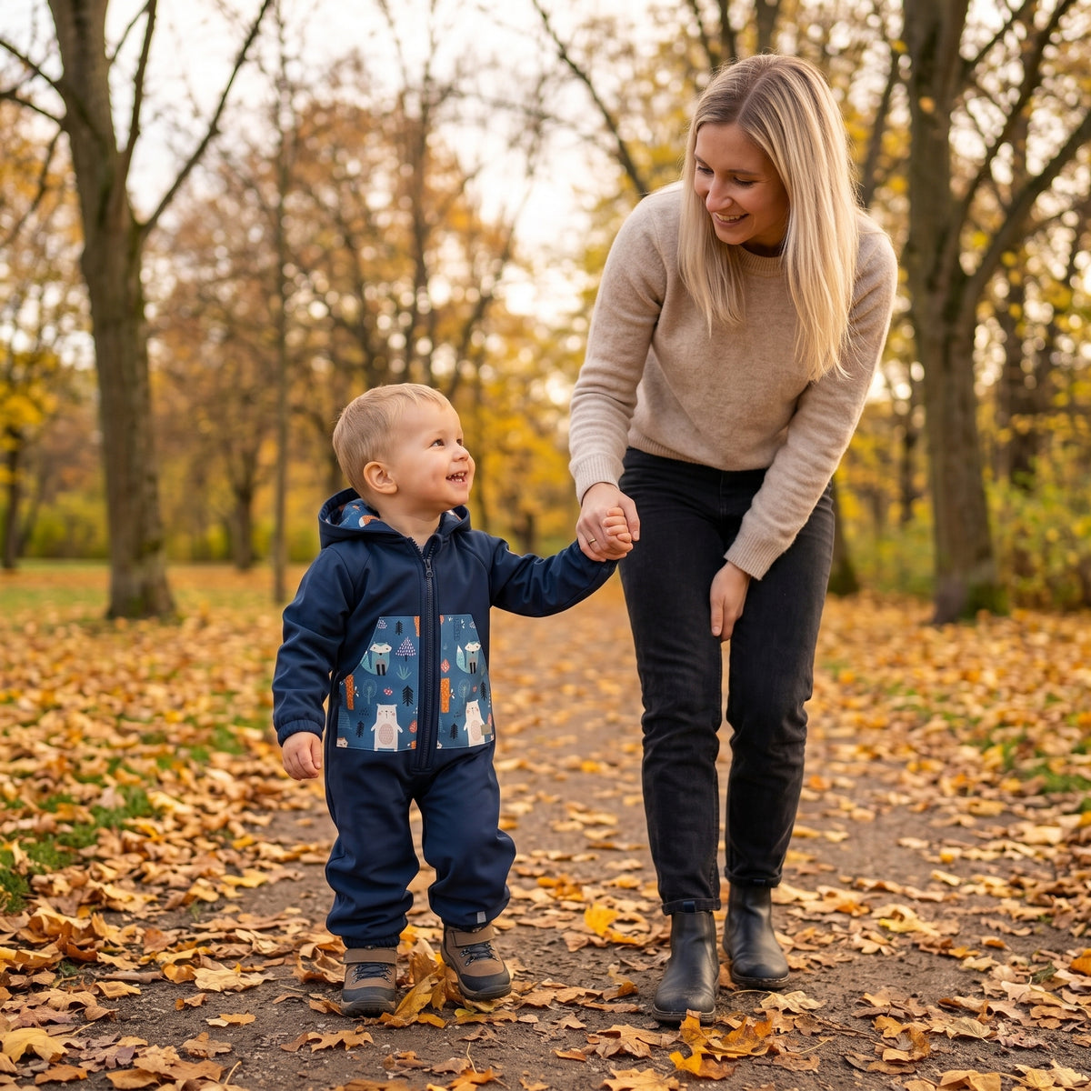 Monkey Mum® Softshellová kombinéza s membránou – Nočná obloha so zvieratkami - veľ. 98/104, 110/116