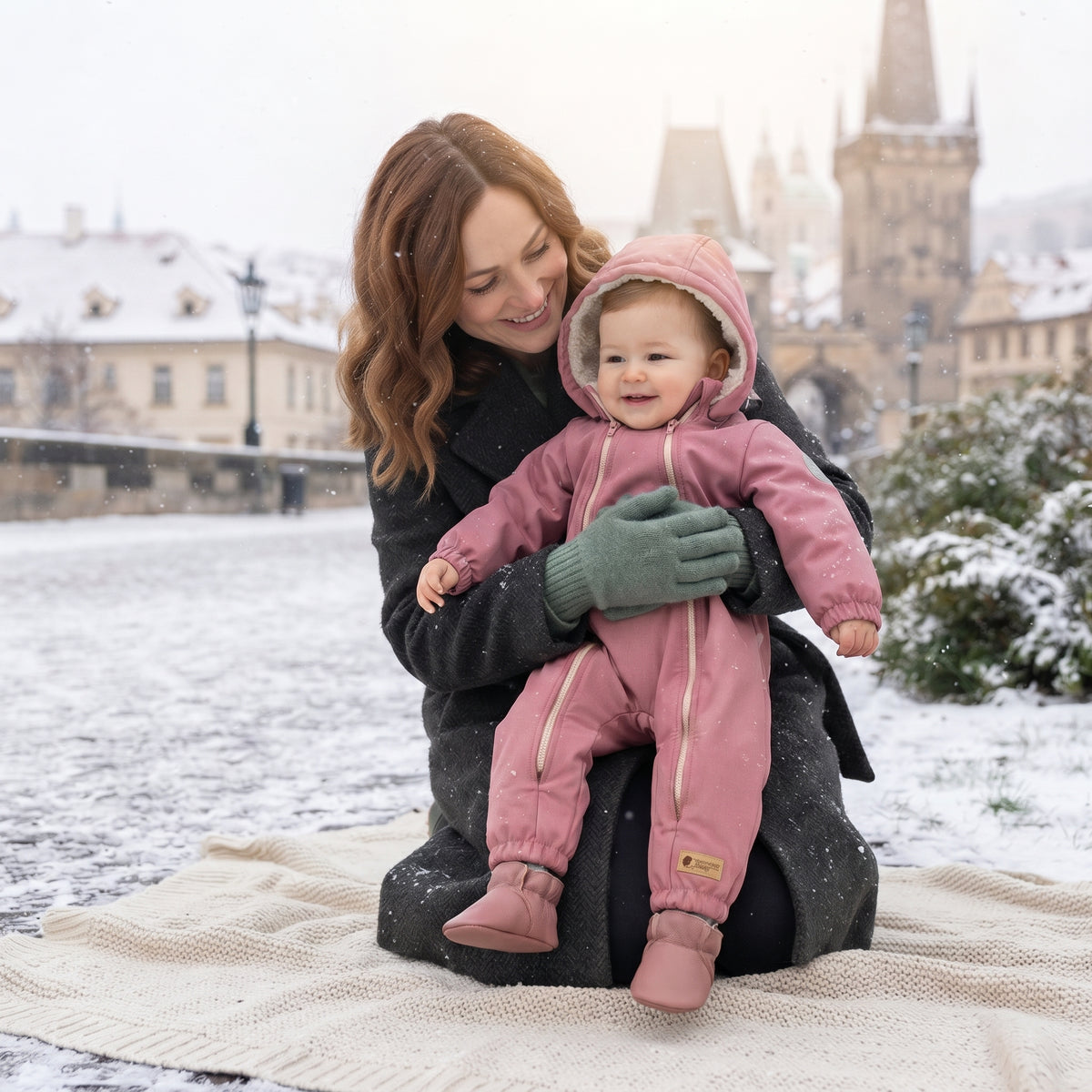 Monkey Mum® Detská zimná softshellová kombinéza s barančekom - Ružová ovečka - vel. 62/68, 74/80