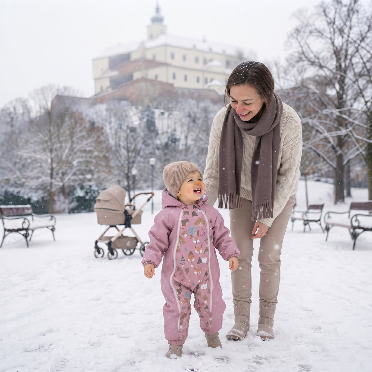 Monkey Mum® Detská zimná softshellová kombinéza s baránkom - Ružová ovečka v lese - veľ. 62/68, 74/80