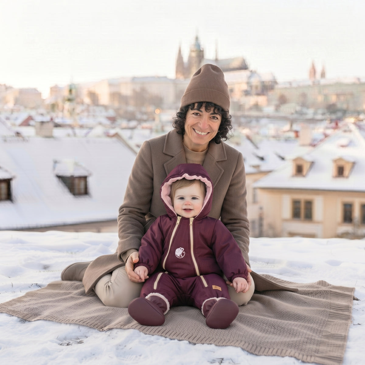 Monkey Mum® Detská zimná softshellová kombinéza s barančekom - Vínová Červená čiapočka - vel. 62/68, 74/80
