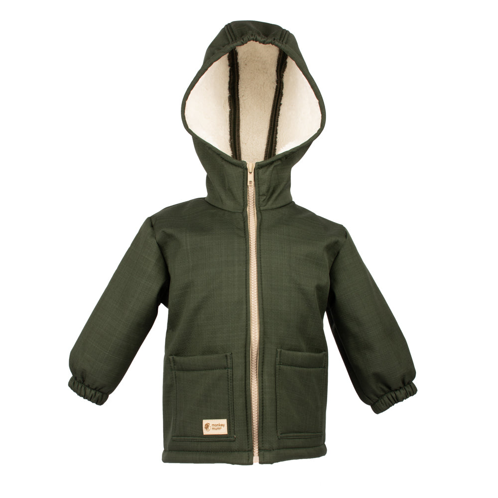 Detská zimná softshellová bunda s barančekom Monkey Mum® - Khaki poľovník