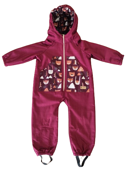Monkey Mum® Detská zimná softshellová kombinéza s baránkom - Vínová Červená čiapočka v lese - veľ. 98/104, 110/116