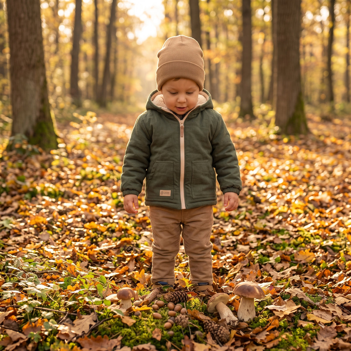 Detská zimná softshellová bunda s barančekom Monkey Mum® - Khaki poľovník