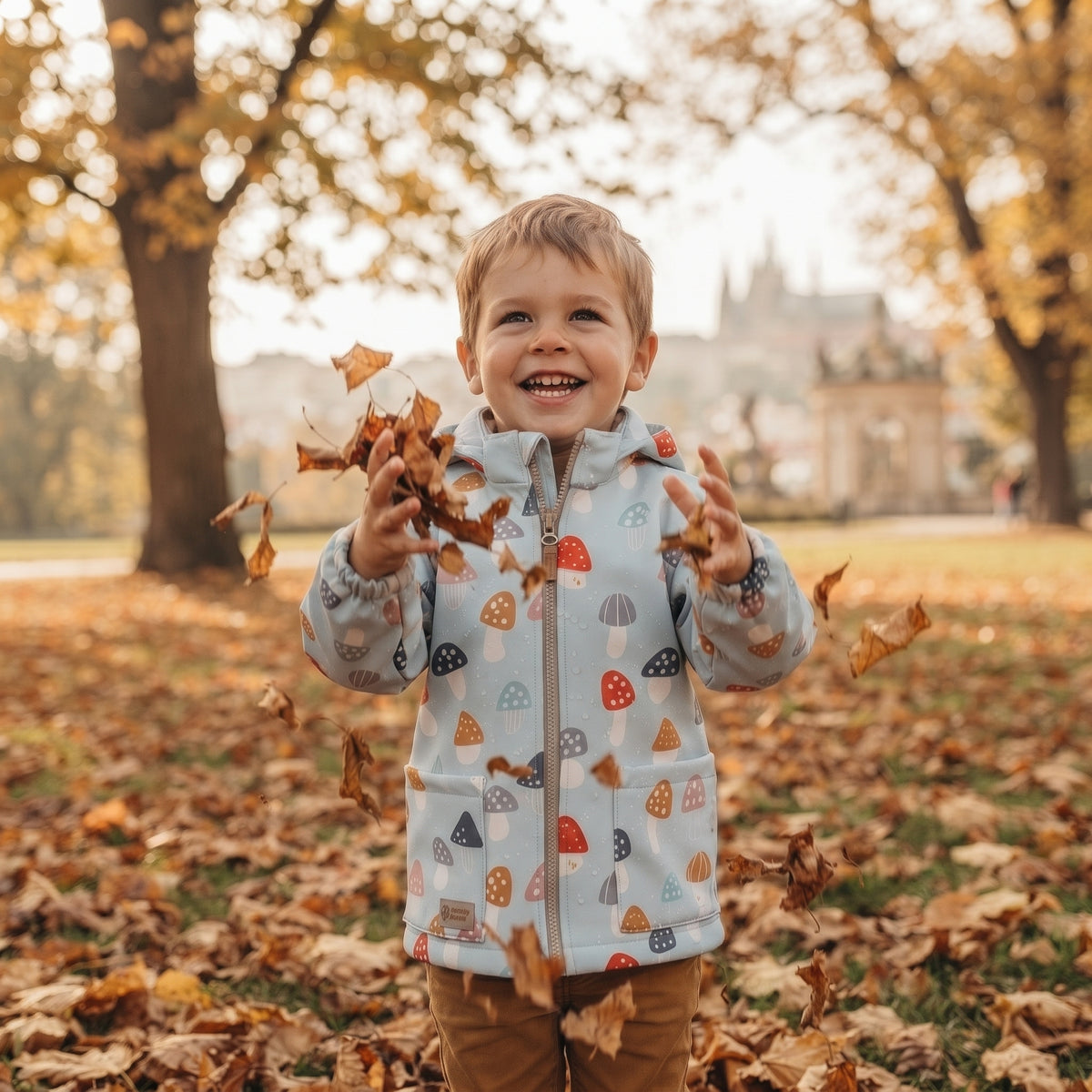 Detská softshellová bunda s membránou Monkey Mum® - Pestrofarebné muchotrávky