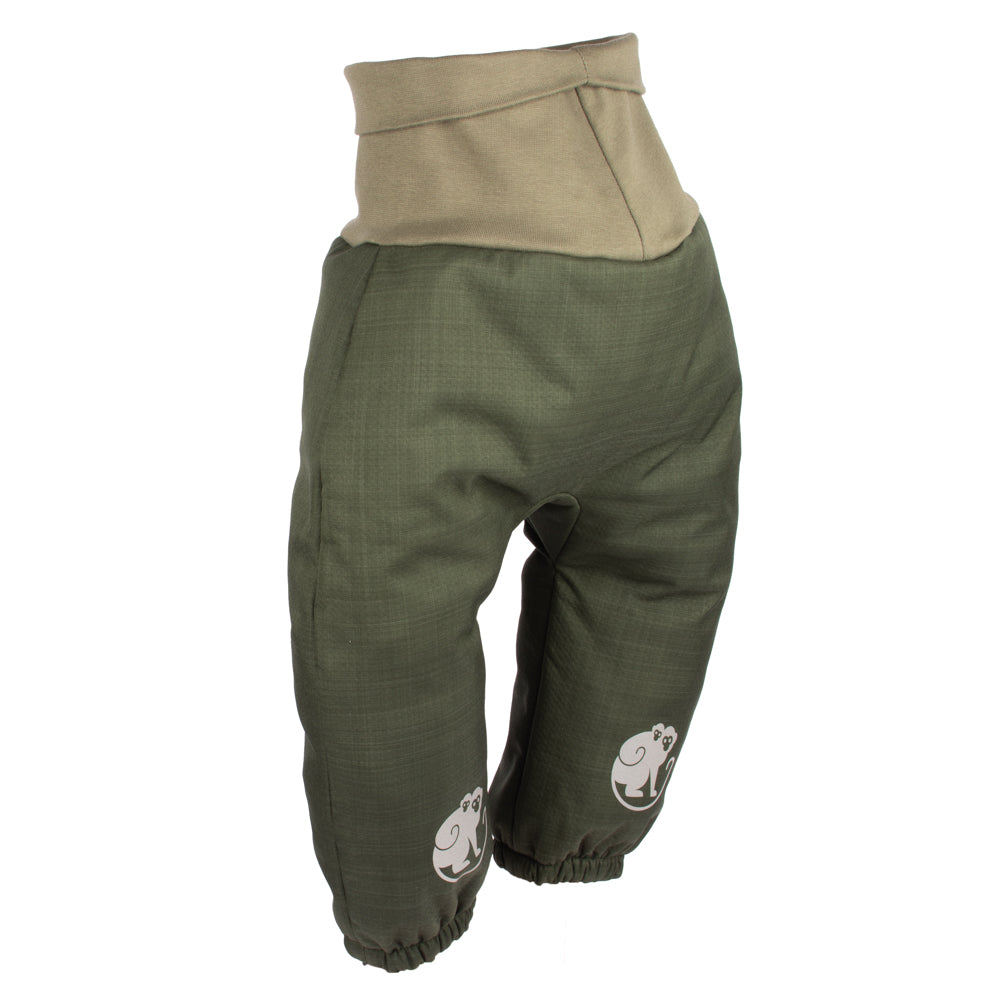 Detské rastúce zimné softshellové nohavice s barančekom Monkey Mum® - Khaki poľovník