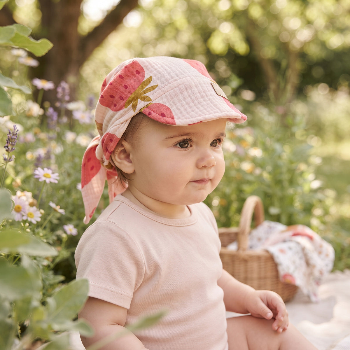 Mušelínový šál s šiltom Monkey Mum® - Jahoda