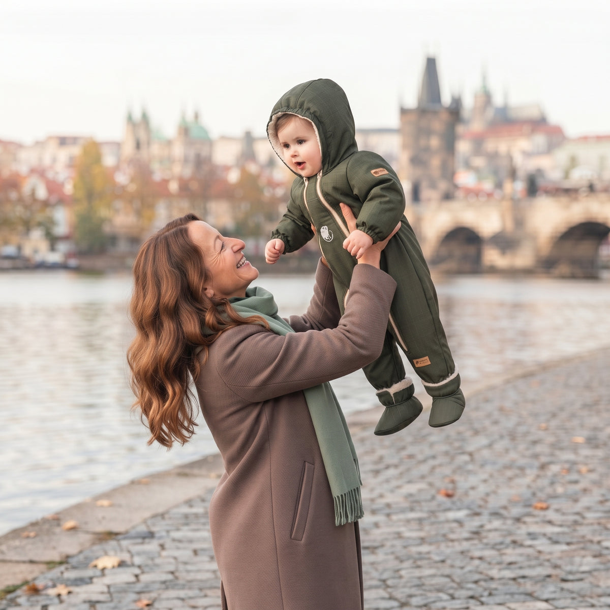 Monkey Mum® Detská zimná softshellová kombinéza s barančekom - Khaki poľovník - vel. 62/68, 74/80