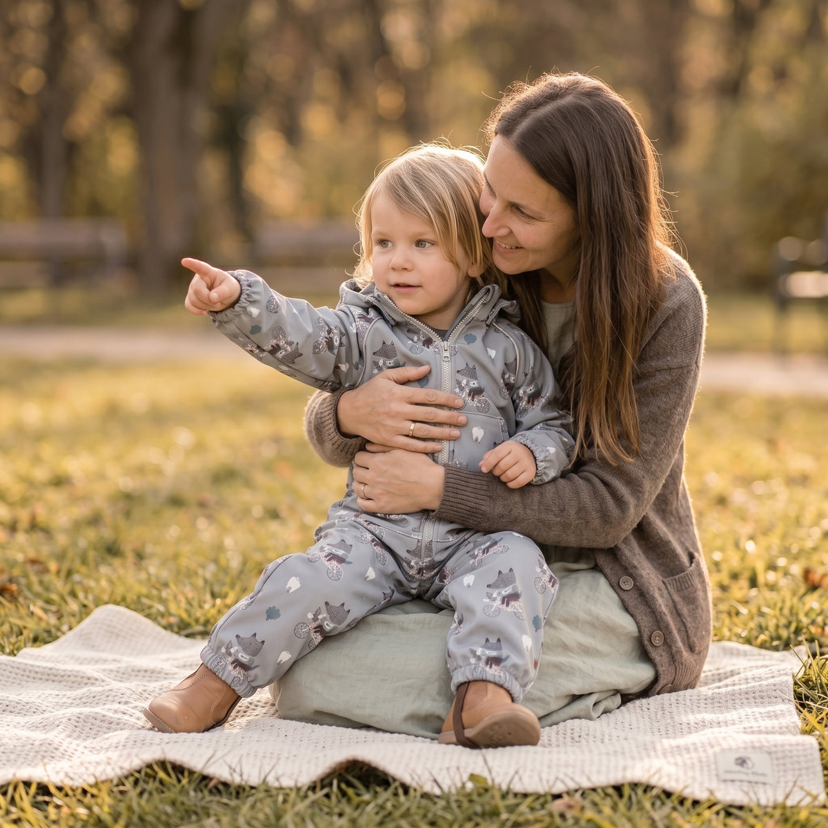 Monkey Mum® Softshellová kombinéza s membránou – Vlci na bicykli - veľ. 98/104, 110/116
