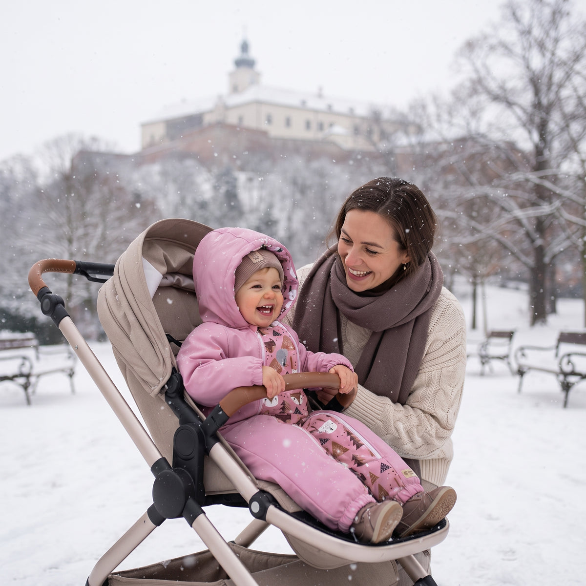 Monkey Mum® Detská zimná softshellová kombinéza s baránkom - Ružová ovečka v lese - veľ. 62/68, 74/80