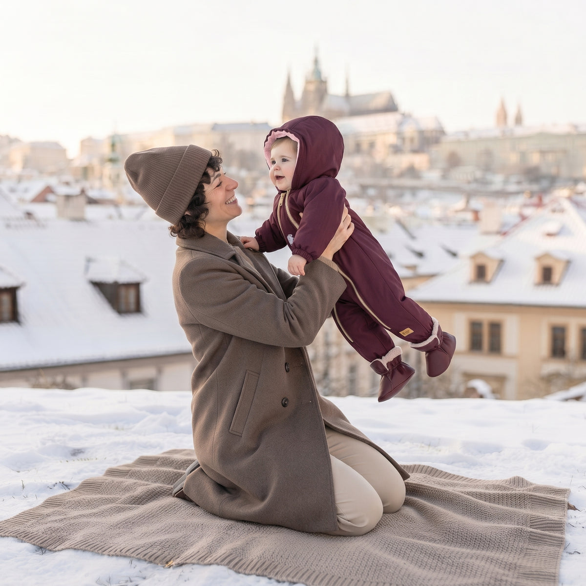 Monkey Mum® Detská zimná softshellová kombinéza s barančekom - Vínová Červená čiapočka - vel. 62/68, 74/80