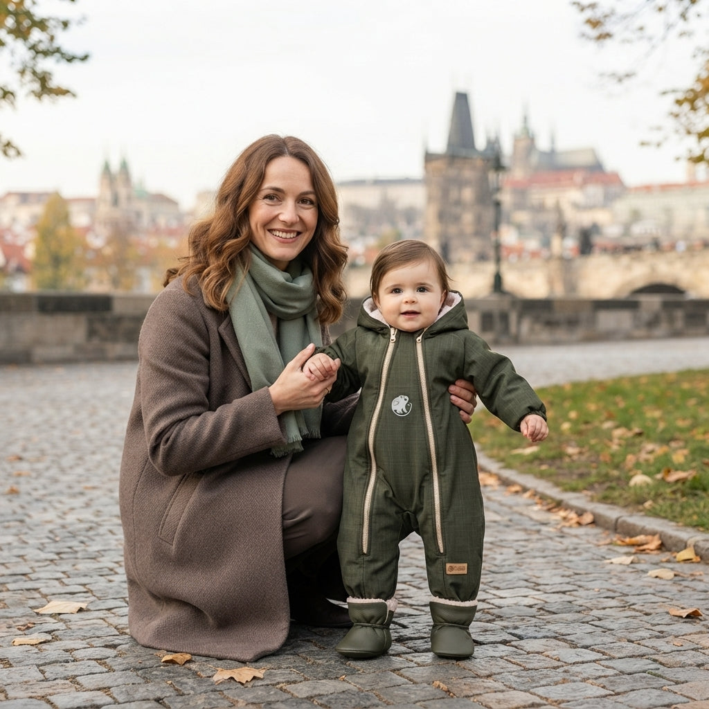 Monkey Mum® Detská zimná softshellová kombinéza s barančekom - Khaki poľovník - vel. 62/68, 74/80