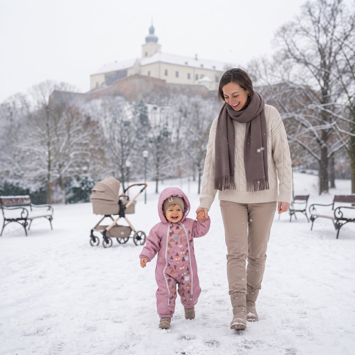 Monkey Mum® Detská zimná softshellová kombinéza s baránkom - Ružová ovečka v lese - veľ. 62/68, 74/80
