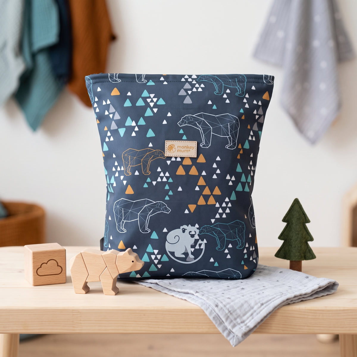 Detský softshellový batôžtek Monkey Mum®  - Origami medveď - Tmavomodrý