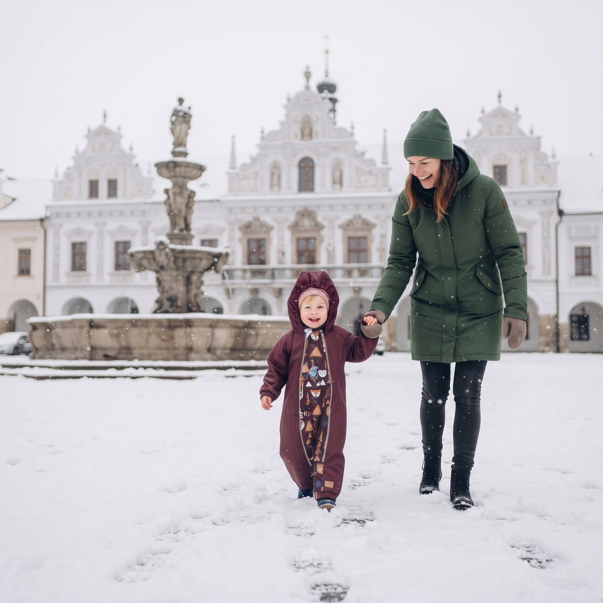 Monkey Mum® Detská zimná softshellová kombinéza s baránkom - Vínová Červená čiapočka v lese - veľ. 62/68, 74/80
