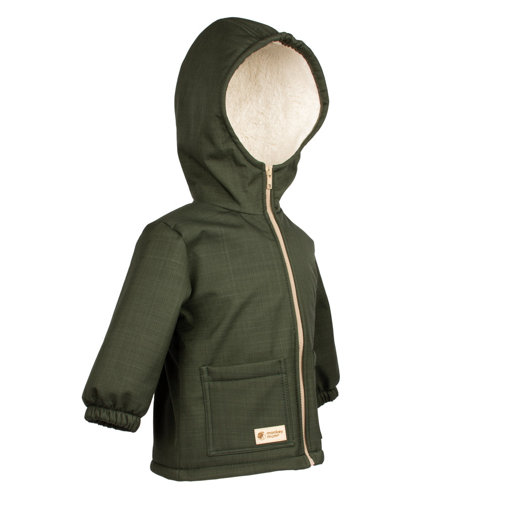 Detská zimná softshellová bunda s barančekom Monkey Mum® - Khaki poľovník