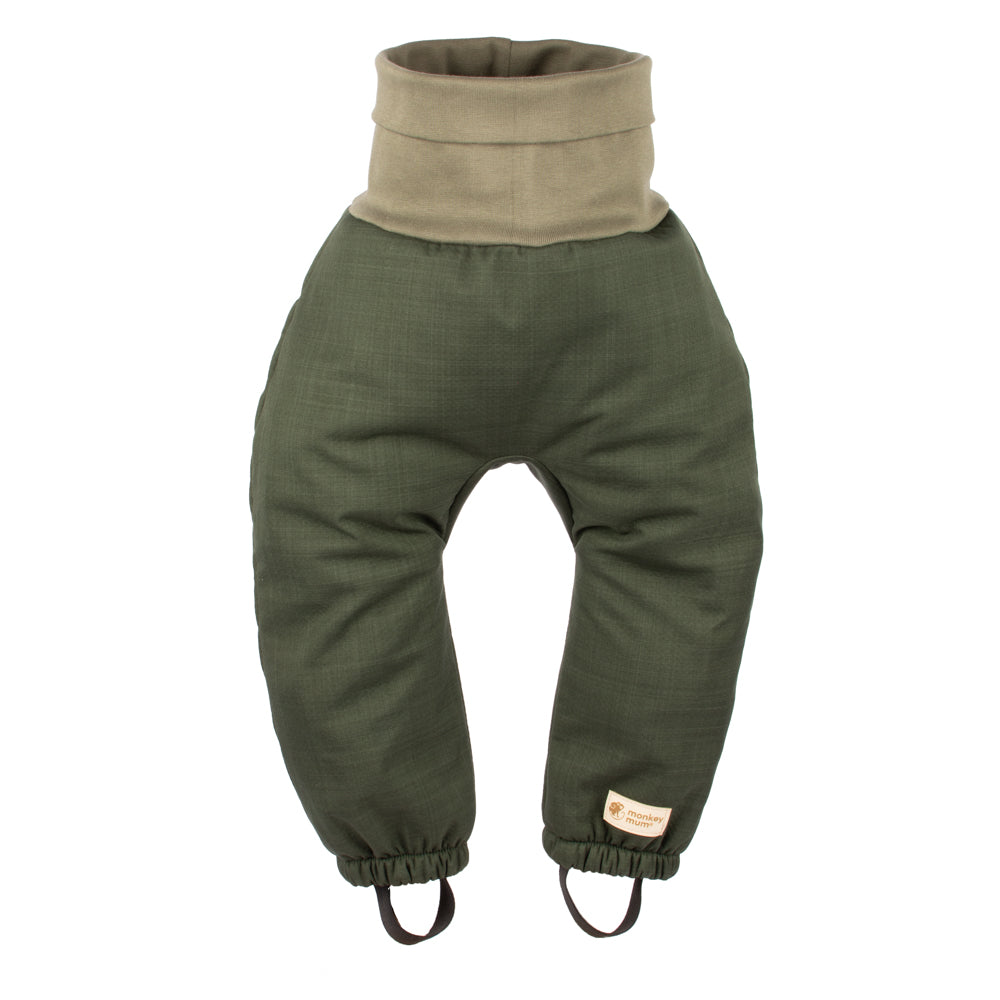 Detské rastúce zimné softshellové nohavice s barančekom Monkey Mum® - Khaki poľovník