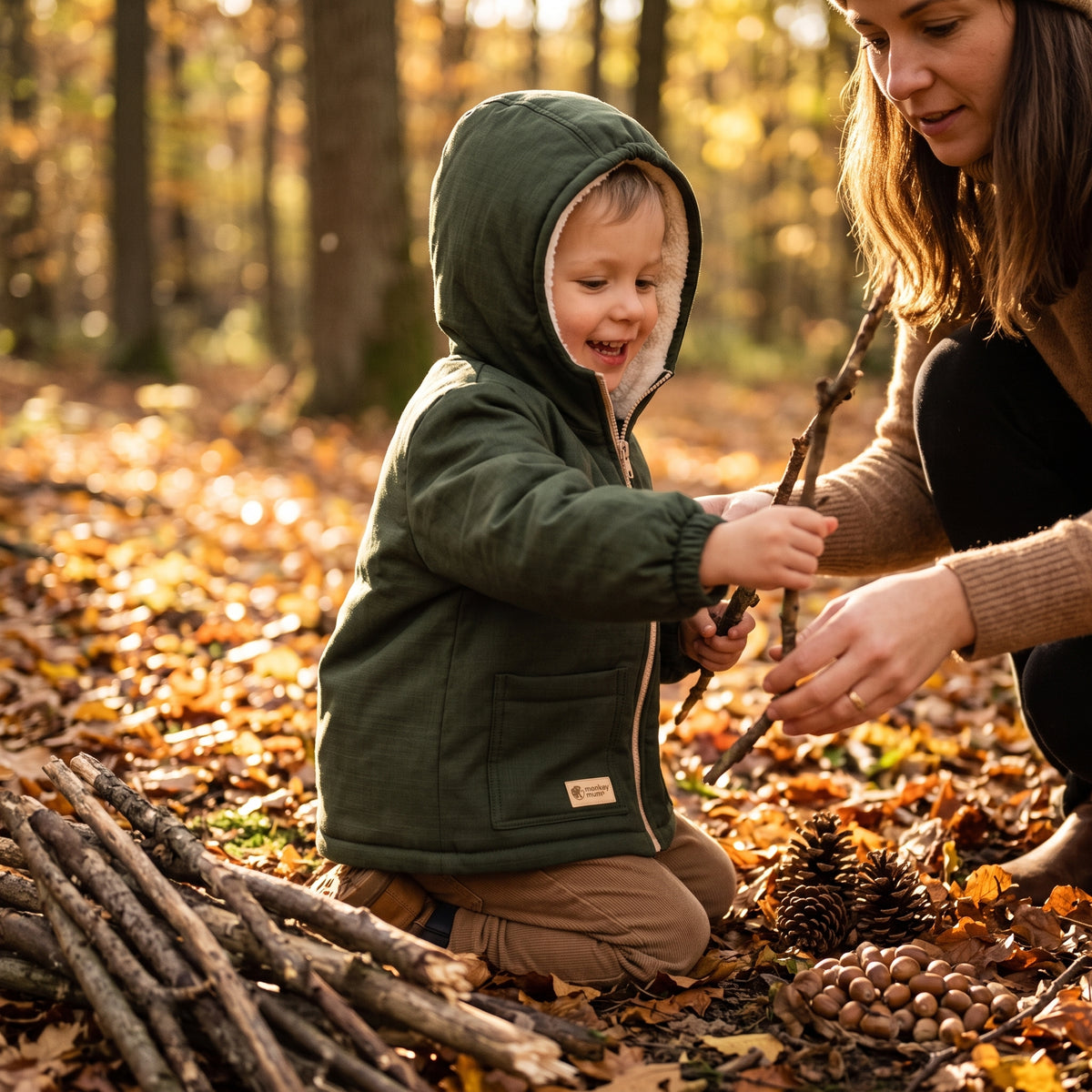 Detská zimná softshellová bunda s barančekom Monkey Mum® - Khaki poľovník