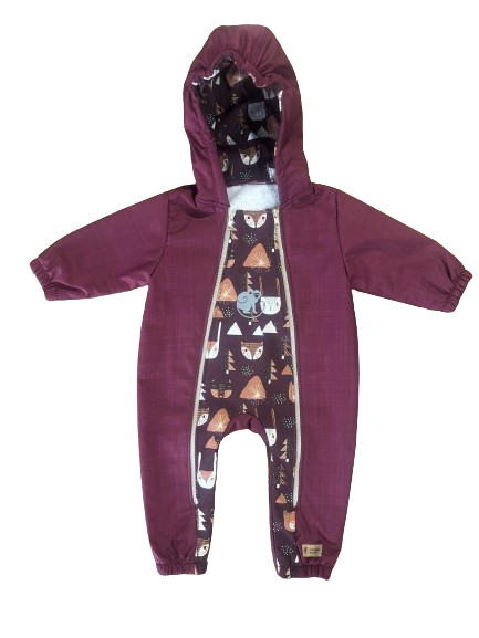 Monkey Mum® Detská zimná softshellová kombinéza s baránkom - Vínová Červená čiapočka v lese - veľ. 62/68, 74/80